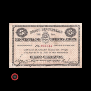 BUENOS AIRES ARGENTINA 5 CENTAVOS 1891 BANCO HIPOTECARIO BAU#BA220